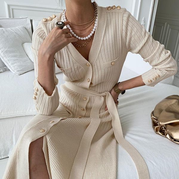casual dresses french style elegant v-neck single-breasted knitted dress women lace-up slim metal button sweater, Black;gray
casual dresses french style elegant v-neck single-breasted knitted dress women lace-up slim metal button sweater, Black;gray