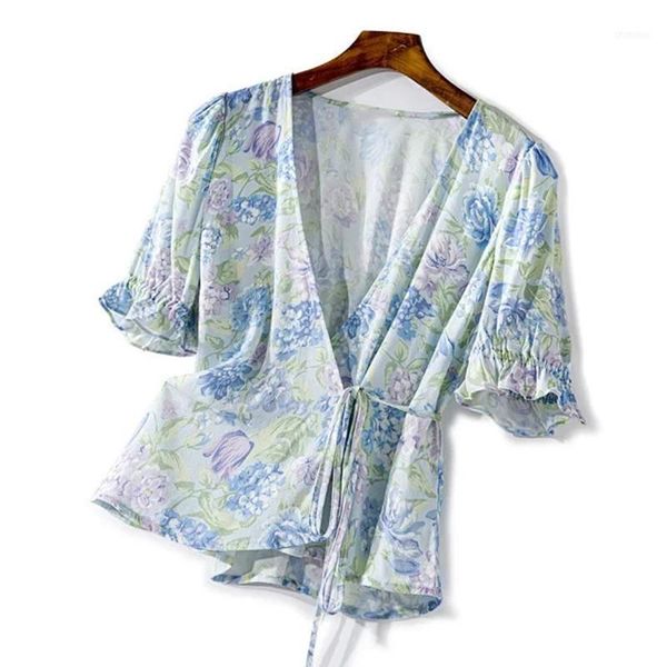 women's wrap shirt ruffled floral v-neck lace-up short sleeve vintage blouse summer1, White
women's wrap shirt ruffled floral v-neck lace-up short sleeve vintage blouse summer1, White