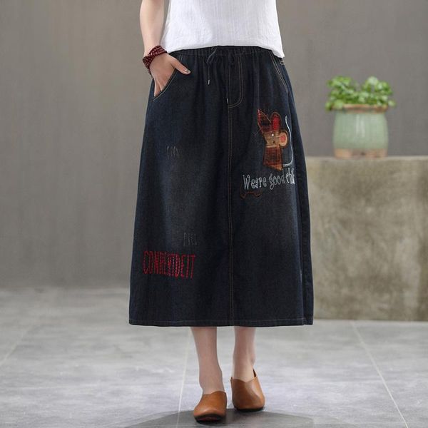 skirts 2021 long mid-calf women elastic waist spring summer denim cortton casual blue a-line embroidery, Black 
skirts 2021 long mid-calf women elastic waist spring summer denim cortton casual blue a-line embroidery, Black