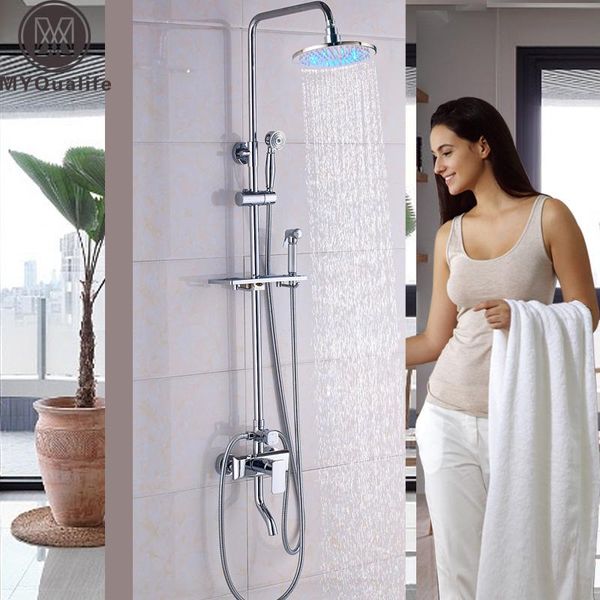 polished chrome rainfall led color changing shower mixer faucet kit with bath storage shelf toilet sprayer swivel tub spout
polished chrome rainfall led color changing shower mixer faucet kit with bath storage shelf toilet sprayer swivel tub spout