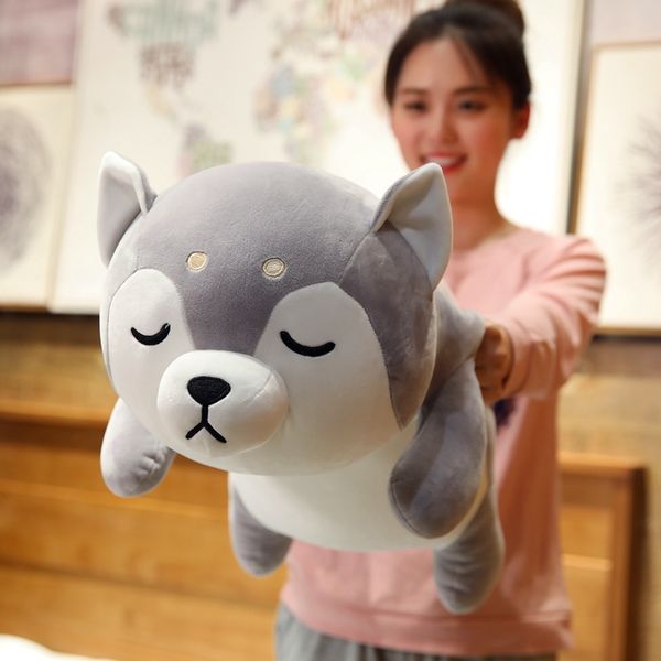 

New Huge 35-75CM Cute Corgi & Shiba Inu Dog Plush Toys Kawaii Lying Husky Pillow Stuffed Soft Animal Dolls Children Baby Gift, Brown close eyes