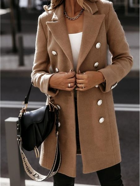 women's wool & blends plus size winter temperament 4-color fashion suit lapel long sleeve mid length double breasted woolen coat, Black
women's wool & blends plus size winter temperament 4-color fashion suit lapel long sleeve mid length double breasted woolen coat, Black