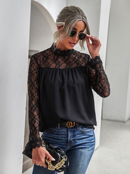 lace insert mock neck blouse j6nr#, White
lace insert mock neck blouse j6nr#, White