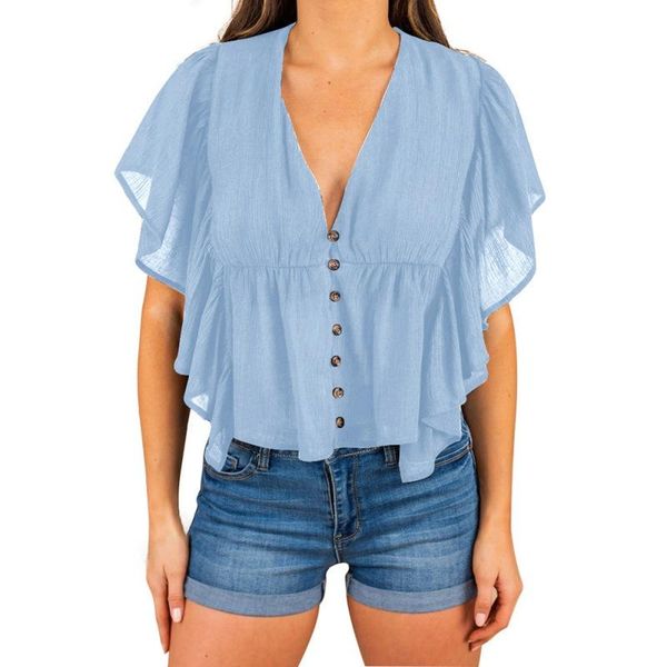 women's t-shirt summer women v-collar casual elegant solid color short ruffle sleeve button stitching breathable loose ladies chiffon s, White
women's t-shirt summer women v-collar casual elegant solid color short ruffle sleeve button stitching breathable loose ladies chiffon s, White