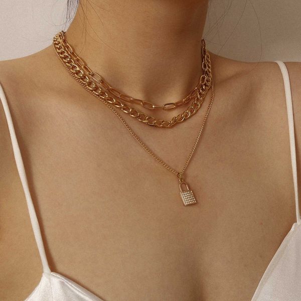 simple cross chain multi-layer necklace with diamond inlaid for women, Silver