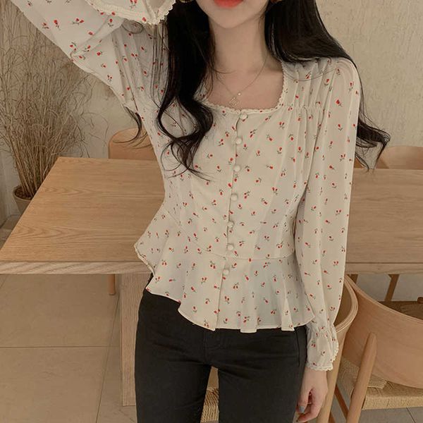 women's blouses & shirts single breasted floral print spring blouse women square collar ruffles elastic waist korean sweet ka, White
women's blouses & shirts single breasted floral print spring blouse women square collar ruffles elastic waist korean sweet ka, White