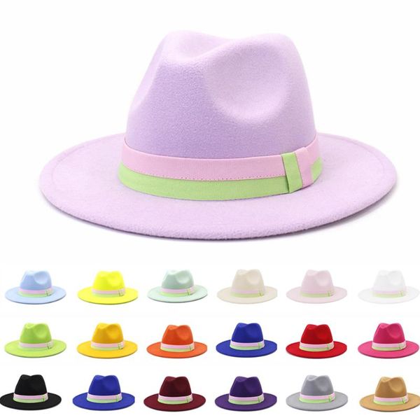 wide brim hats fedora for women men green pink patckwork belt felt sun hat fashion panama trilby cap wholesale, Blue;gray
wide brim hats fedora for women men green pink patckwork belt felt sun hat fashion panama trilby cap wholesale, Blue;gray