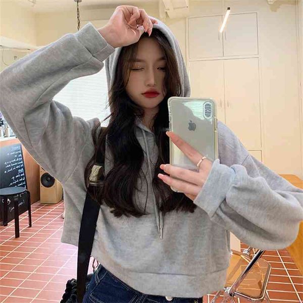 2021 autumn new long sleeve loose short hooded sweater women's fashion, Black
2021 autumn new long sleeve loose short hooded sweater women's fashion, Black