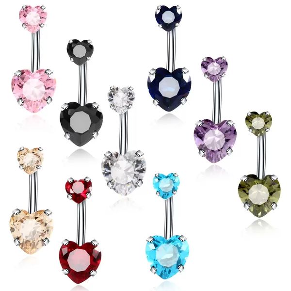 navel & bell button rings double prong cz belly ring 316l surgical steel internally threaded heart piercing jewelry, Silver 
navel & bell button rings double prong cz belly ring 316l surgical steel internally threaded heart piercing jewelry, Silver