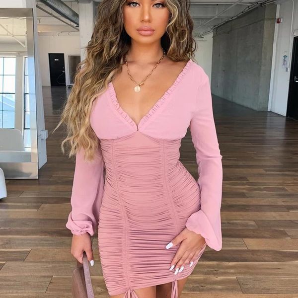 casual dresses womens long sleeve short dress fashion solid color v-neck drawstring skinny stitching pleated comfortable s-xl, Black;gray 
casual dresses womens long sleeve short dress fashion solid color v-neck drawstring skinny stitching pleated comfortable s-xl, Black;gray
