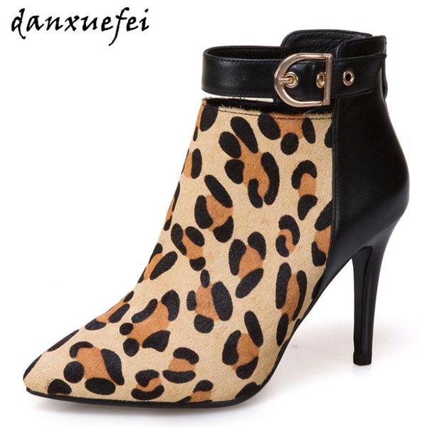 boots women's genuine leather horsehair patchwork thin high heel ladies autumn ankle pointed toe leopard buckle shoes, Black
boots women's genuine leather horsehair patchwork thin high heel ladies autumn ankle pointed toe leopard buckle shoes, Black
