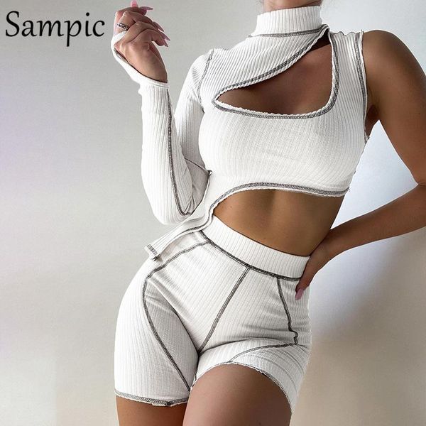 women's tracksuits sampic hollow out 2021 turtleneck women tracksuit sport shorts set knitted t shirt and mini biker two piece, Gray
women's tracksuits sampic hollow out 2021 turtleneck women tracksuit sport shorts set knitted t shirt and mini biker two piece, Gray
