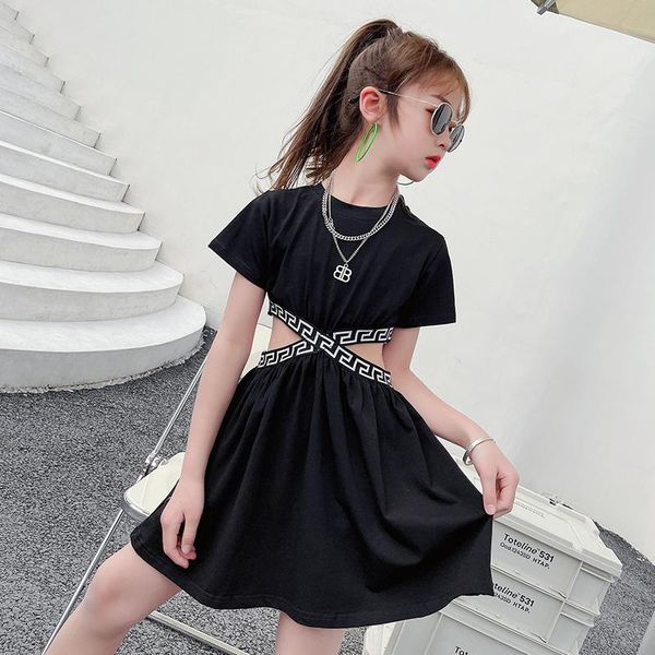 girl's dresses 2021 girls summer black a-line geometric pattern knit waist hollow cut sports casual dress 3-14y childrens girl clothing, Red;yellow 
girl's dresses 2021 girls summer black a-line geometric pattern knit waist hollow cut sports casual dress 3-14y childrens girl clothing, Red;yellow
