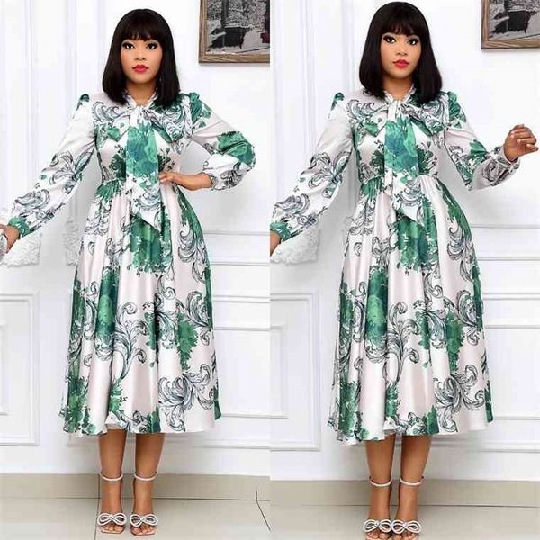 women long sleeves printed dresses with bowtie collar pleated high waist midi elegant ladies fashion african new vestidos robes, Black;gray
women long sleeves printed dresses with bowtie collar pleated high waist midi elegant ladies fashion african new vestidos robes, Black;gray