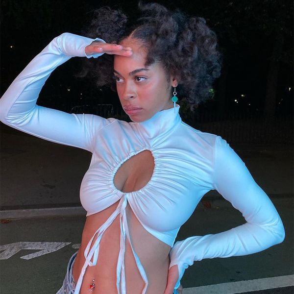Mock Neck Long Sleeve Drawstring Ruched Tie Front Top Hollow Out T-Shirts Sexy Bandage Top Short Solid Streetwear, White
Mock Neck Long Sleeve Drawstring Ruched Tie Front Top Hollow Out T-Shirts Sexy Bandage Top Short Solid Streetwear, White