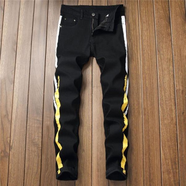 mens black slim fit stretch cotton jeans personality printing denim pencil pants fashion male leisure trousers, Blue
mens black slim fit stretch cotton jeans personality printing denim pencil pants fashion male leisure trousers, Blue