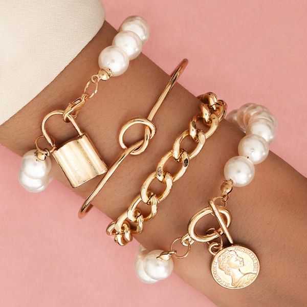 link, chain imitation pearl bracelet 4pcs/set embossed portrait lover's lock hand chains combination for men/girls vintage jewelry, Black
link, chain imitation pearl bracelet 4pcs/set embossed portrait lover's lock hand chains combination for men/girls vintage jewelry, Black