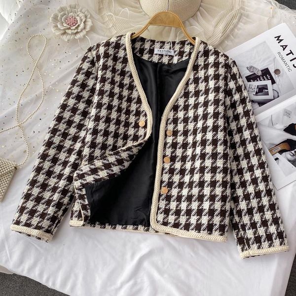 women's jackets fall winter houndstooth vintage tweed jacket coat women small fragrance korean woolen coats elegant short outerwear cro, Black;brown
women's jackets fall winter houndstooth vintage tweed jacket coat women small fragrance korean woolen coats elegant short outerwear cro, Black;brown