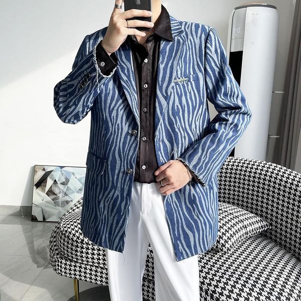 men's suits & blazers 2021 denim blue striped print blazer autumn korean business casual suit jacket streetwear wedding social coat rop, White;black
men's suits & blazers 2021 denim blue striped print blazer autumn korean business casual suit jacket streetwear wedding social coat rop, White;black