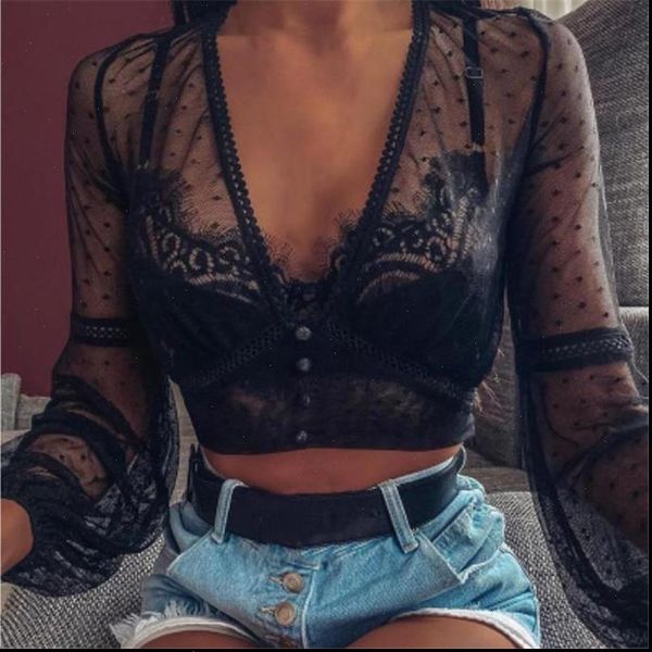 women black mesh sheer lace long bell sleeve v neck button shirts polka dot design streetwear ladies blouse, White
women black mesh sheer lace long bell sleeve v neck button shirts polka dot design streetwear ladies blouse, White