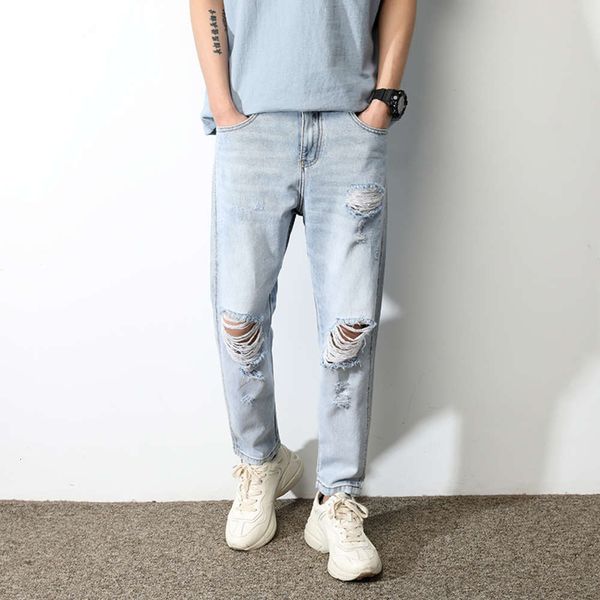 summer thin split jeans men's chao brand elastic straight tube loose white pants beggars slim, Blue
summer thin split jeans men's chao brand elastic straight tube loose white pants beggars slim, Blue