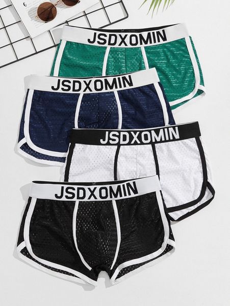 men 4pcs letter graphic contrast binding boxer brief a5vx#, Black;brown