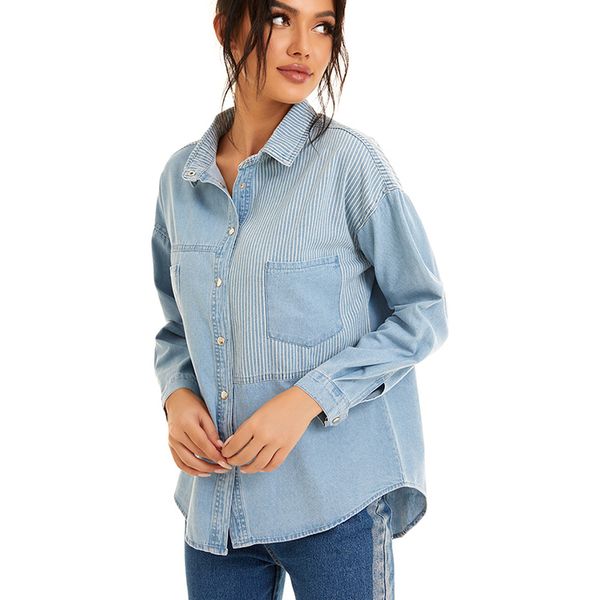 2021 new denim cotton spliced shirt blouse women autumn long sleeve polo collar loose office lady fashion plus size dvrf, White
2021 new denim cotton spliced shirt blouse women autumn long sleeve polo collar loose office lady fashion plus size dvrf, White