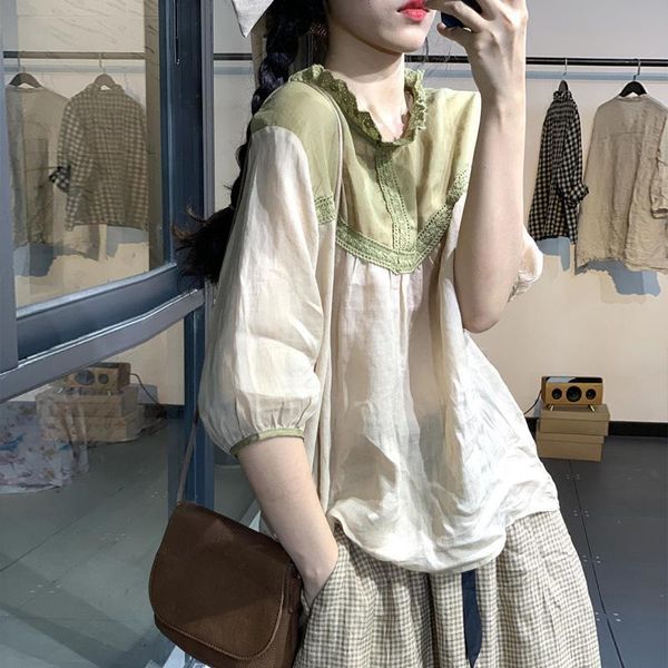 women's blouses & shirts arrival summer arts style women loose three quarter sleeve o-neck blouse ruffles patchwork cotton linen casual, White
women's blouses & shirts arrival summer arts style women loose three quarter sleeve o-neck blouse ruffles patchwork cotton linen casual, White