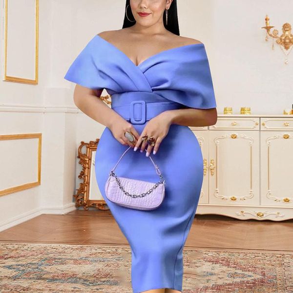 plus size dresses women off shoulder belt solid elegant party dress, Black 
plus size dresses women off shoulder belt solid elegant party dress, Black