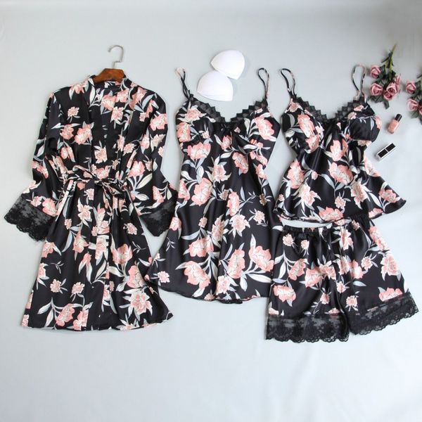 2021 summer women v-neck pyjamas sets 4 pcs female satin lace sleeveless sleepwear flower print pijama with chest pads, Black;red
2021 summer women v-neck pyjamas sets 4 pcs female satin lace sleeveless sleepwear flower print pijama with chest pads, Black;red