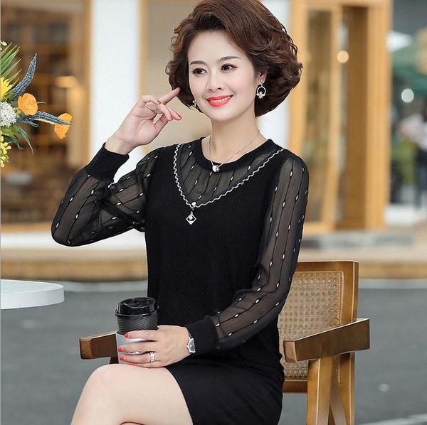 women's t-shirt spring fashion middle age women lace mesh t-shirts pullover bottom shirt mother long sleeve, White
women's t-shirt spring fashion middle age women lace mesh t-shirts pullover bottom shirt mother long sleeve, White