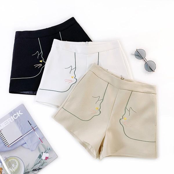 women's shorts summer women pocket zipper cute cat embroidery loose 2021 casual solid high waist wide leg female, White;black
women's shorts summer women pocket zipper cute cat embroidery loose 2021 casual solid high waist wide leg female, White;black