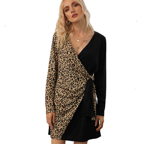 dresses long casual women's sve v-neck leopard pattern stitching drs, Black;gray