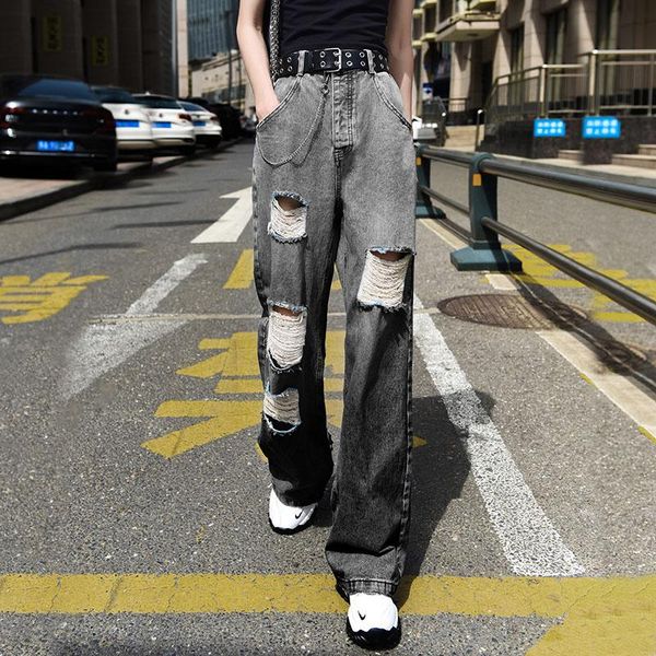 women's jeans black gray ripped gradient color high waist loose straight wide leg trouser punk y2k holes denim pants with belt, Blue
women's jeans black gray ripped gradient color high waist loose straight wide leg trouser punk y2k holes denim pants with belt, Blue