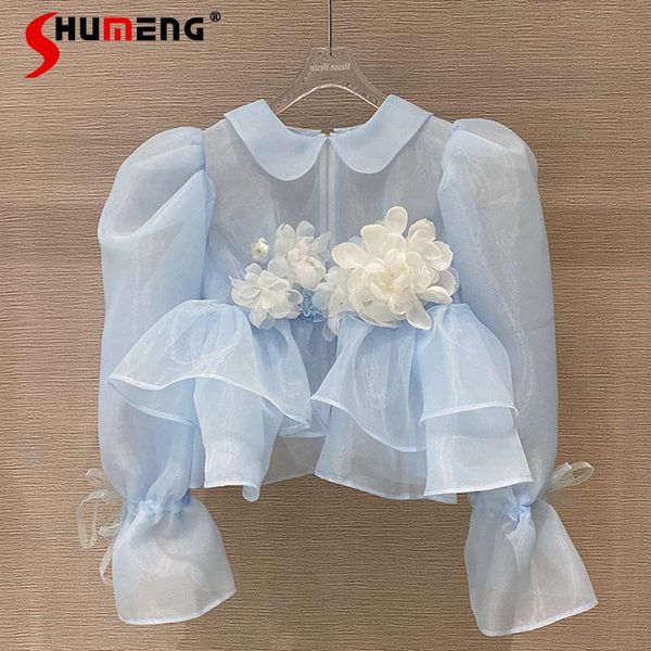 women's blouses & shirts 2021 summer french organza ruffled flower slim waist shirt fashion sweet ladies pleated puff sleeve short top, White
women's blouses & shirts 2021 summer french organza ruffled flower slim waist shirt fashion sweet ladies pleated puff sleeve short top, White