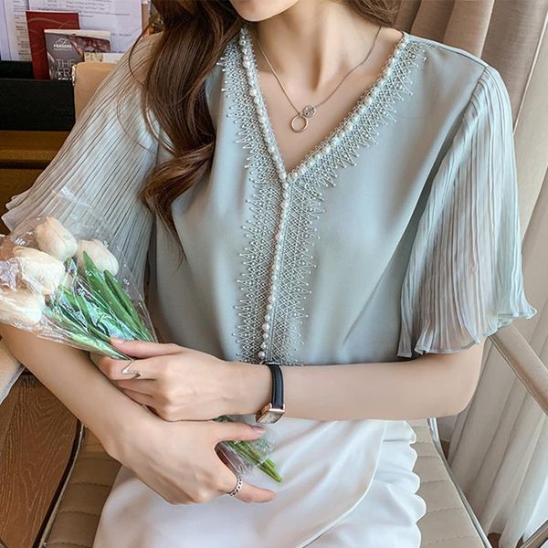 women's blouses & shirts summer lady beaded v-neck patchwork chiffon shirt flare sleeve women blouse roupas feminina, White
women's blouses & shirts summer lady beaded v-neck patchwork chiffon shirt flare sleeve women blouse roupas feminina, White