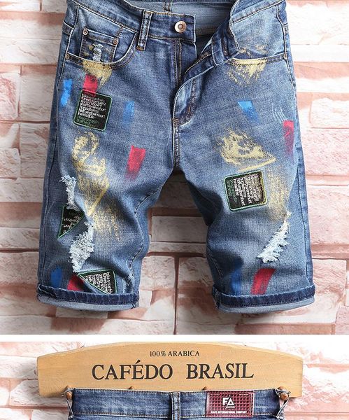 2021 denim middle pants men's denim shorts men's summer thin five-point pants broken holes tide breeches paint, Blue
2021 denim middle pants men's denim shorts men's summer thin five-point pants broken holes tide breeches paint, Blue
