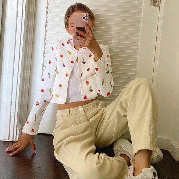 women fruit print t-shirt fashion casual wild long mouwen single-breasted vest crop top, White
women fruit print t-shirt fashion casual wild long mouwen single-breasted vest crop top, White