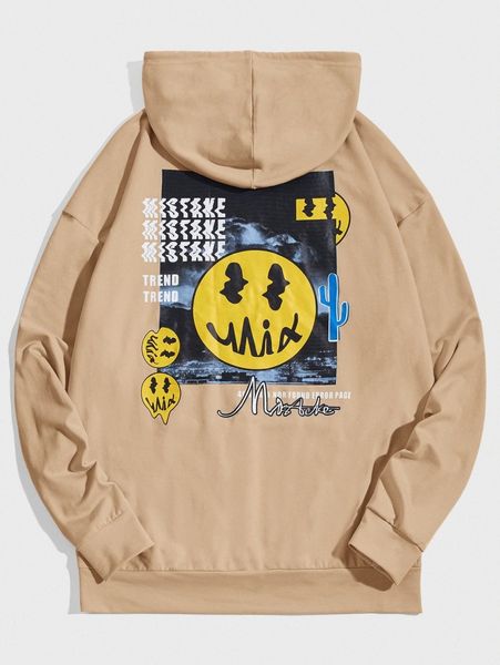 men letter & cartoon graphic drop shoulder hoodie v626#, Black 
men letter & cartoon graphic drop shoulder hoodie v626#, Black