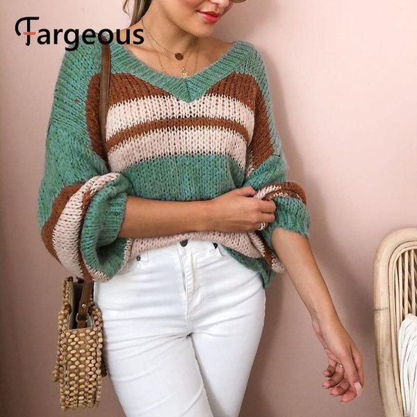 fargeous casual v-neck women sweater autumn winter lantern sleeve loose knitted hit color stripe ladies pullover jumper women's sweater, White;black
fargeous casual v-neck women sweater autumn winter lantern sleeve loose knitted hit color stripe ladies pullover jumper women's sweater, White;black
