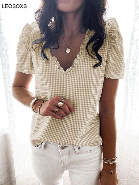 women's t-shirt summer clothes for women 2021 fashion v-neck ruffled plaid short-sleeved shirt bottoming elegant casual, White
women's t-shirt summer clothes for women 2021 fashion v-neck ruffled plaid short-sleeved shirt bottoming elegant casual, White