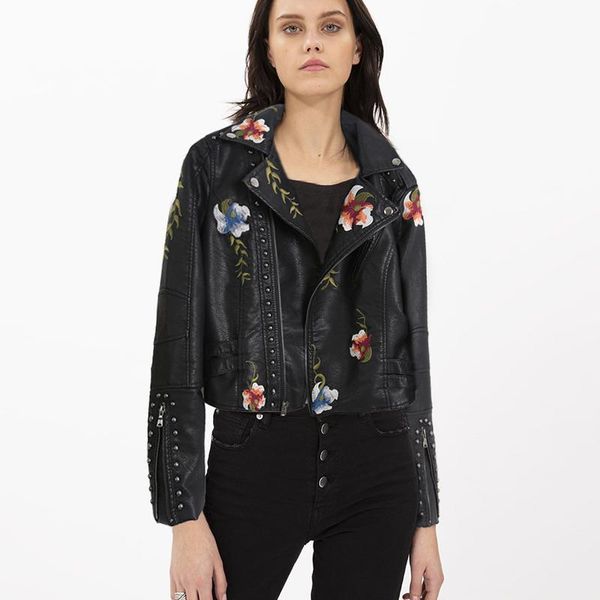 women's leather & faux womens long sleeve floral embroidered turn-down collar jacket sportswear fashion motorcycle coat mujer, Black
women's leather & faux womens long sleeve floral embroidered turn-down collar jacket sportswear fashion motorcycle coat mujer, Black