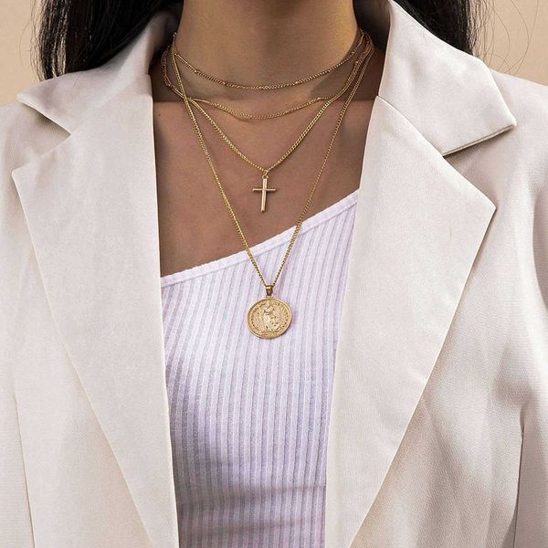 jewelry multi-layer tassel alloy women's simple cross portrait combination necklace, Silver
jewelry multi-layer tassel alloy women's simple cross portrait combination necklace, Silver
