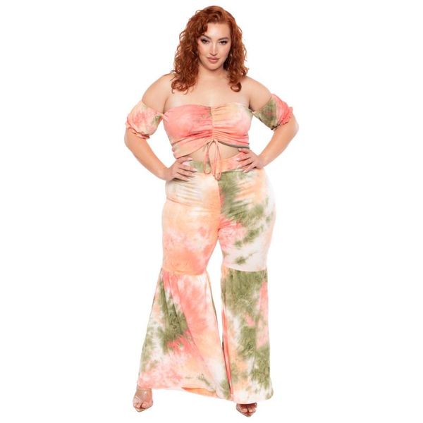 women's two piece pants shzq tie-dye printing women sets 2021 summer slash neck drawstring crop high waist flared outfits, White 
women's two piece pants shzq tie-dye printing women sets 2021 summer slash neck drawstring crop high waist flared outfits, White