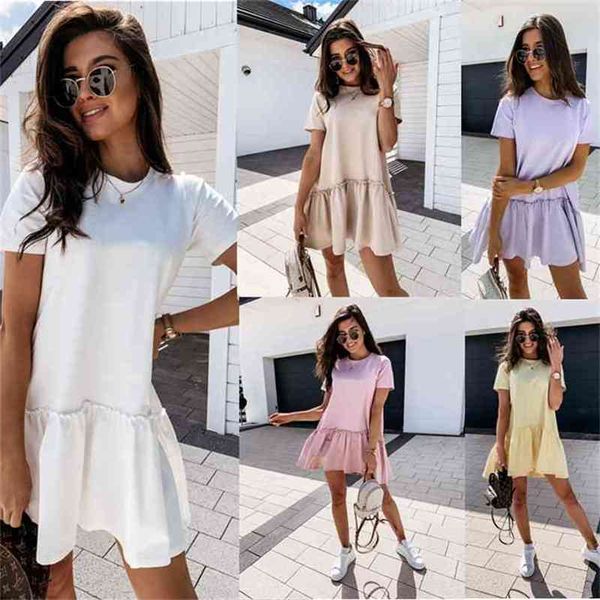 solid color women dress summer fashion ruffles mini o neck short sleeve casual loose plus size woman clothes 210603, Black;gray
solid color women dress summer fashion ruffles mini o neck short sleeve casual loose plus size woman clothes 210603, Black;gray