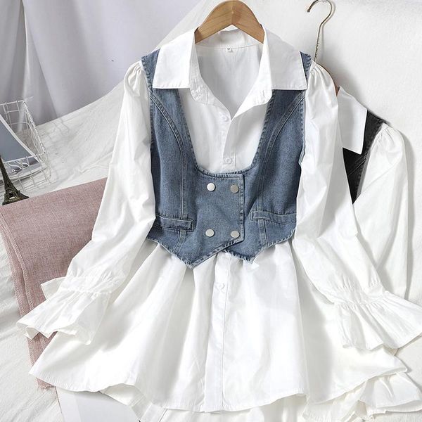 women's blouses & shirts korean chic single-breasted mid-length puff sleeve blouse white lapel sleeveless denim vest casual retro sets
women's blouses & shirts korean chic single-breasted mid-length puff sleeve blouse white lapel sleeveless denim vest casual retro sets