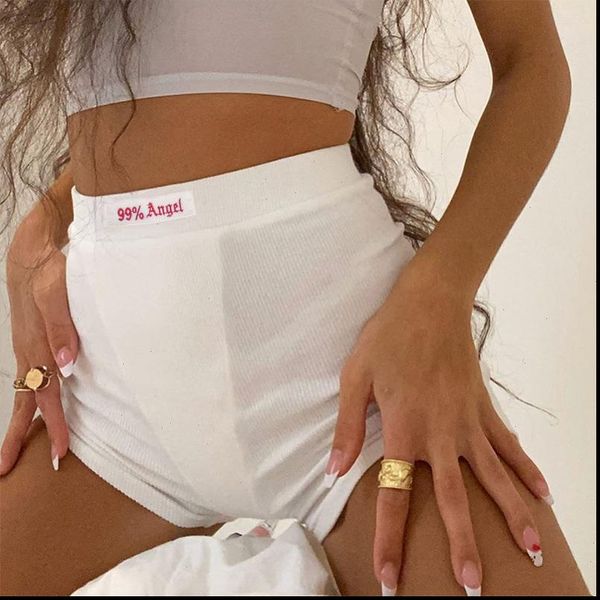summer white letter embroidery biker shorts women ribber knit black high waist casual streetwear shorts drop shipping, White;black