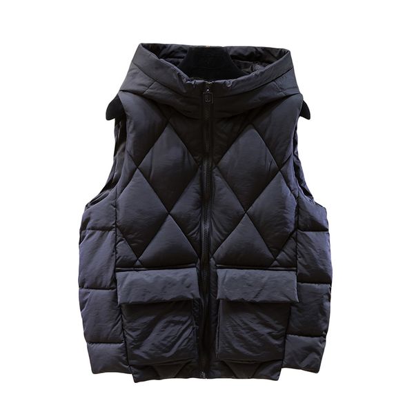 women short vest solid casual winter sleeveless jacket hooded stand collar big pockets cotton padded thick overcoat, Black;white
women short vest solid casual winter sleeveless jacket hooded stand collar big pockets cotton padded thick overcoat, Black;white