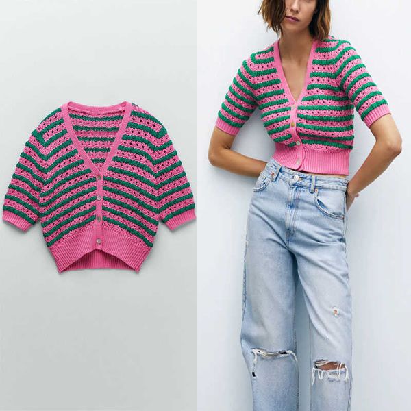 za retro striped cropped knit cardigan sweater women short sleeve button up spring knitted female hollow out cardigans 210602, White
za retro striped cropped knit cardigan sweater women short sleeve button up spring knitted female hollow out cardigans 210602, White