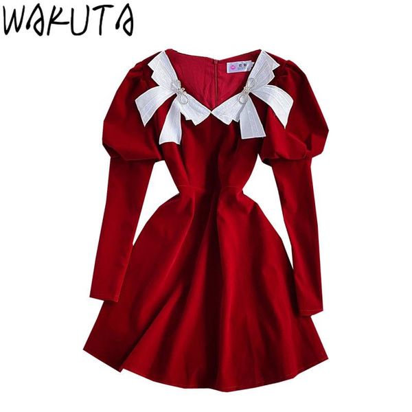 wakuta high waist velet mini dresses women bow design slim elegant puff long sleeve a-line dress party fashion date eveing wear, Black;gray 
wakuta high waist velet mini dresses women bow design slim elegant puff long sleeve a-line dress party fashion date eveing wear, Black;gray